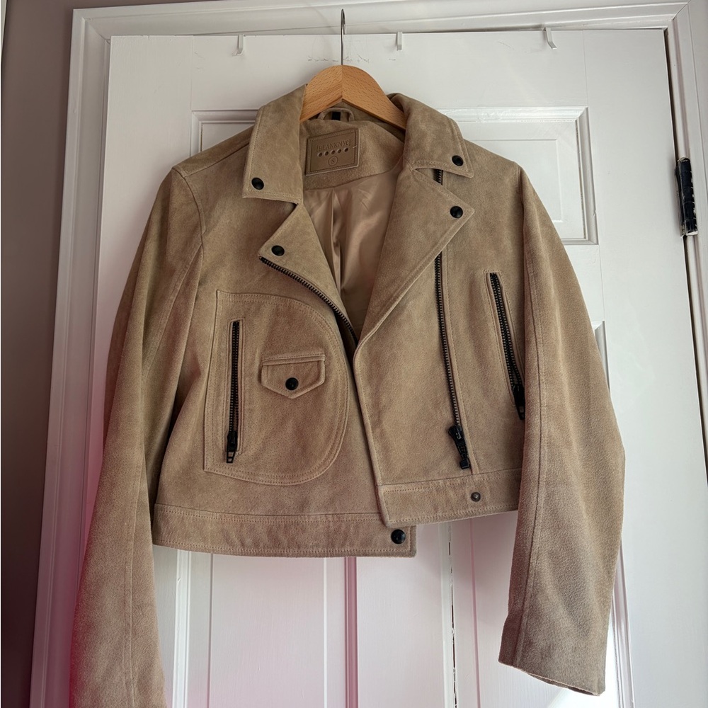 Blank NYC Suede Cropped Moto Jacket - Beige